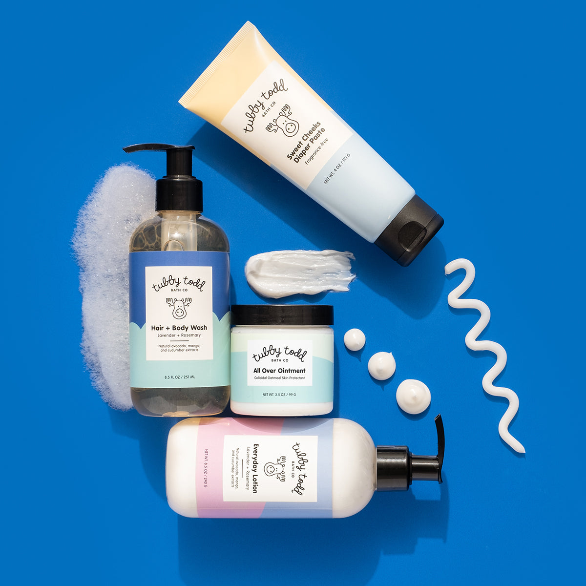 8.5oz Lavender + Rosemary Baby Bundle bottles are lying on the blue backdrop with each texture.